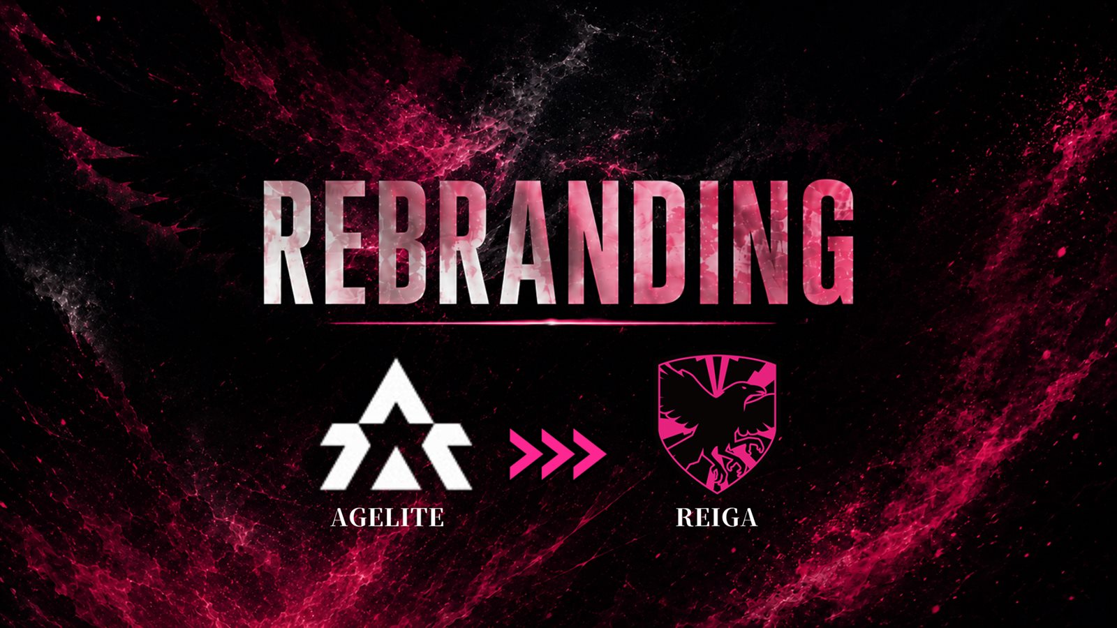 REBRANDING — AGELITE から REIGA へ。旧ロゴと新エンブレムを並べたキービジュアル